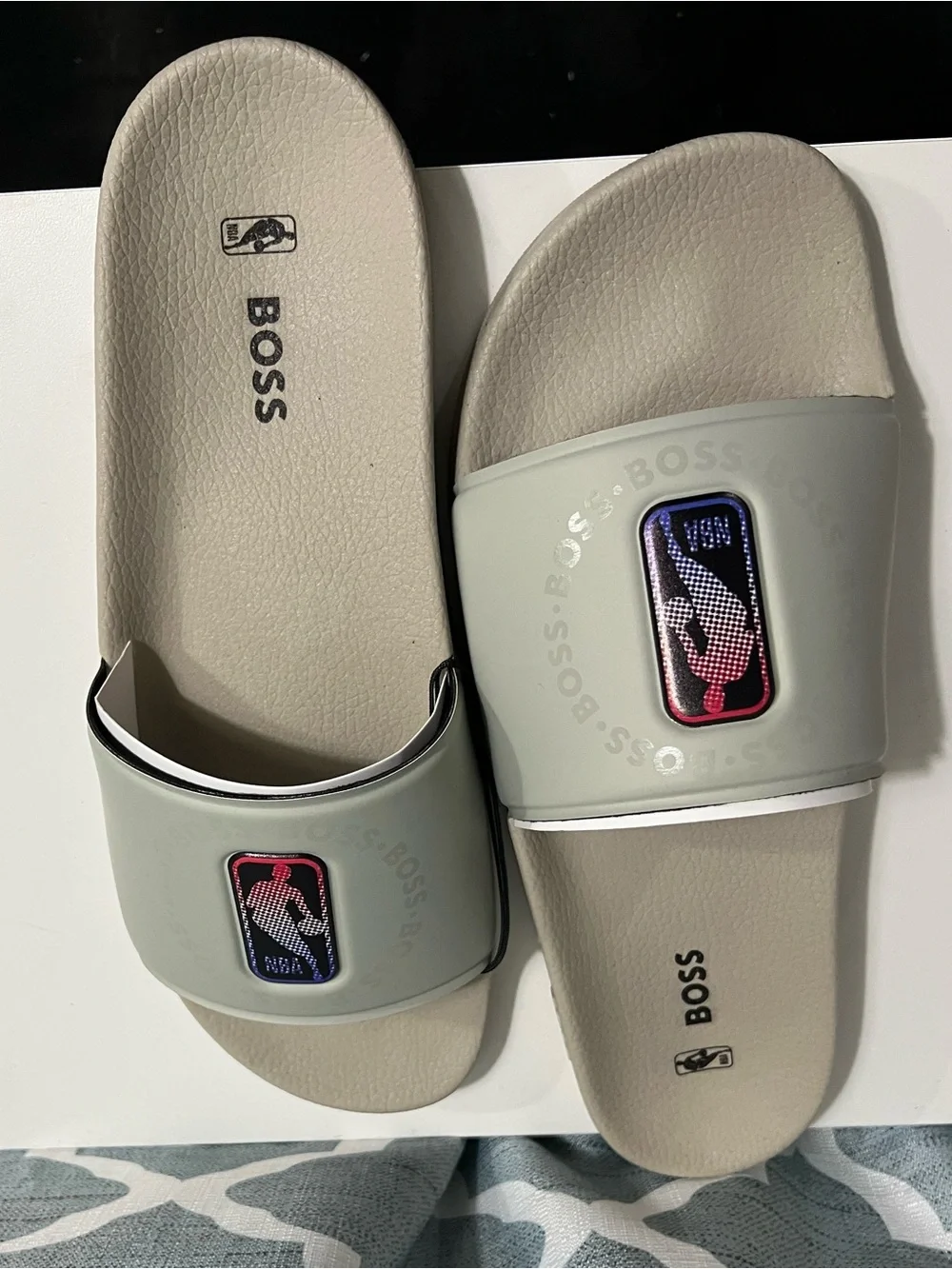 Hugo Boss Light Gray Slide Sandals with NBA Red & Blue Logo Patch